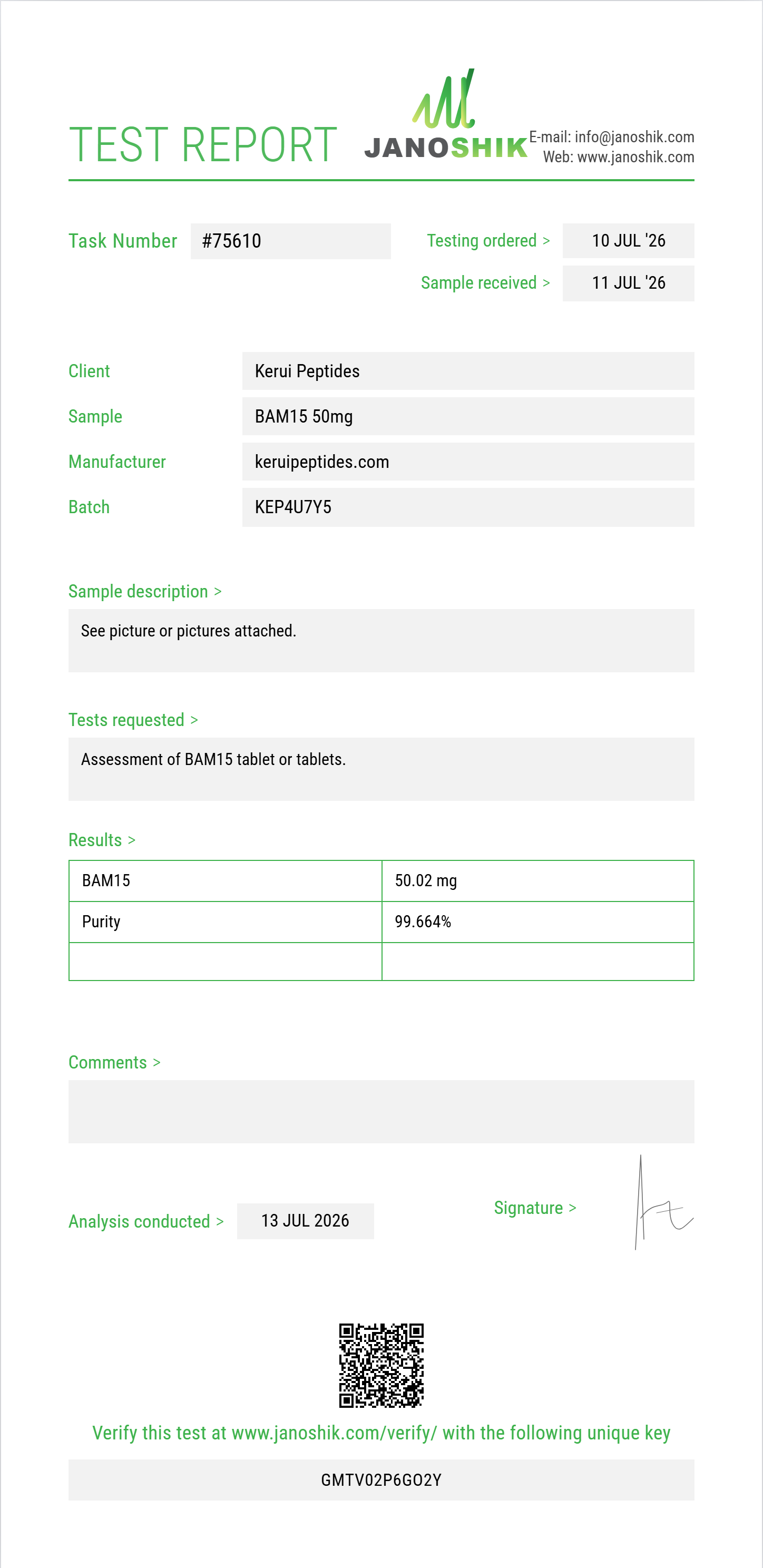 BAM15 Purity (HPLC) report by Janoshik Analytical