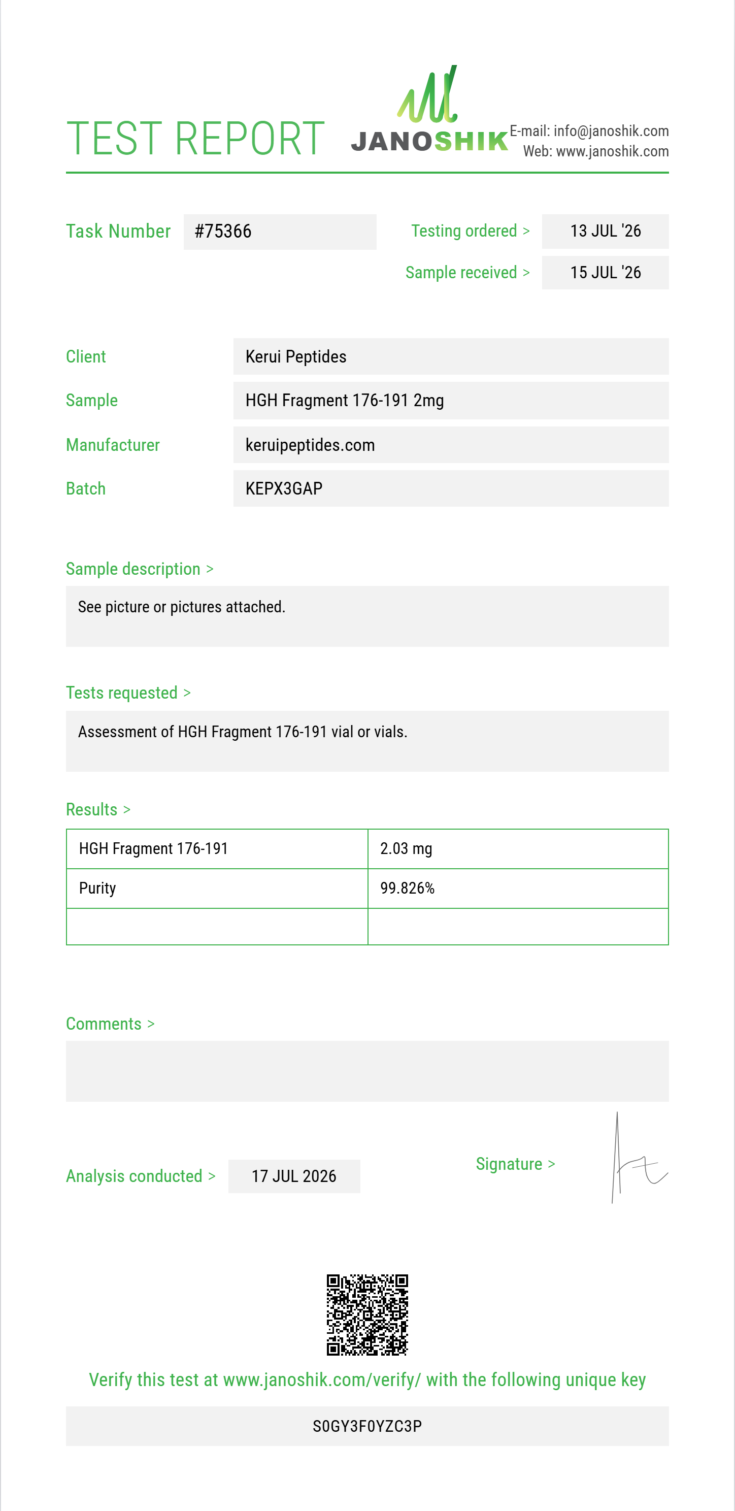 HGH Fragment 176-191 Purity (HPLC) report by Janoshik Analytical