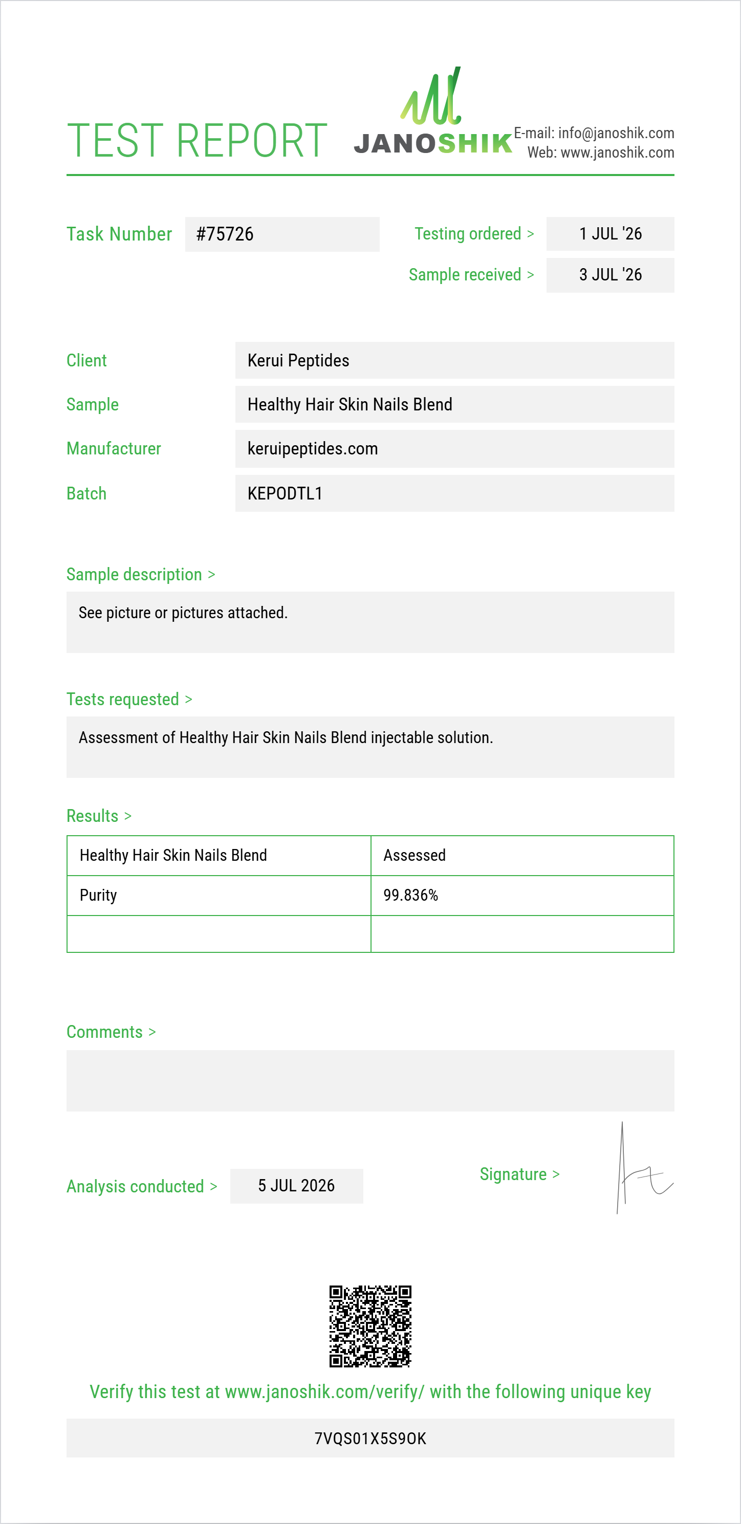 Healthy Hair Skin Nails Blend (Niacinamide+Thiamine+Pantothenic Acid+Choline+Inositol+Niacin+Biotin+Folic Acid+Riboflavin) Purity (HPLC) report by Janoshik Analytical