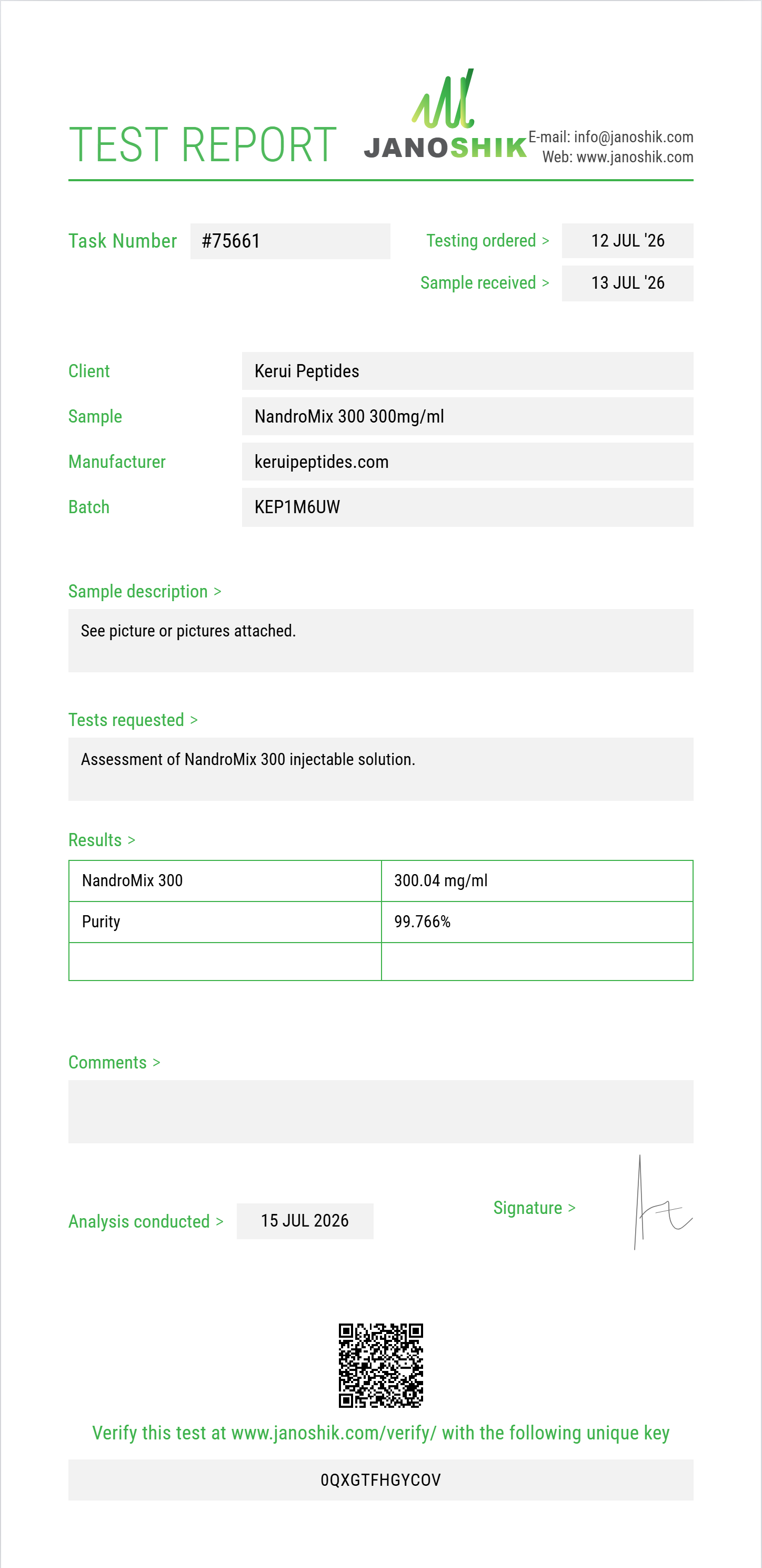 NandroMix 300 Purity (HPLC) report by Janoshik Analytical