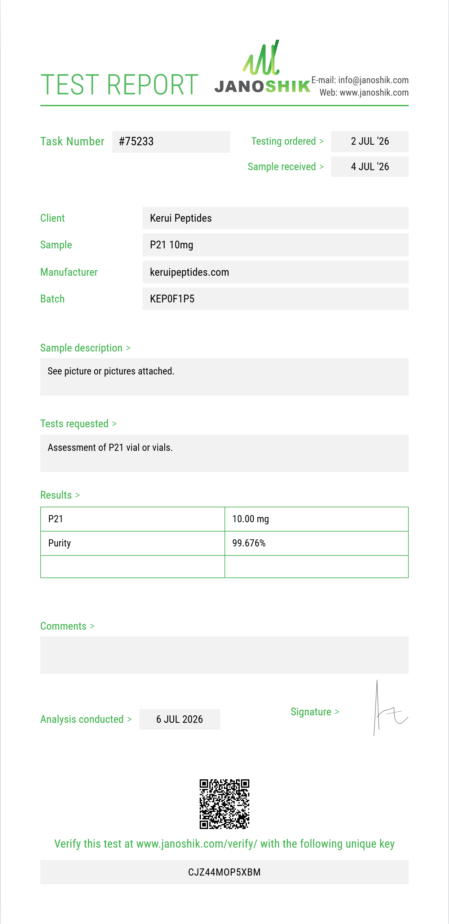 P21 Purity (HPLC) report by Janoshik Analytical