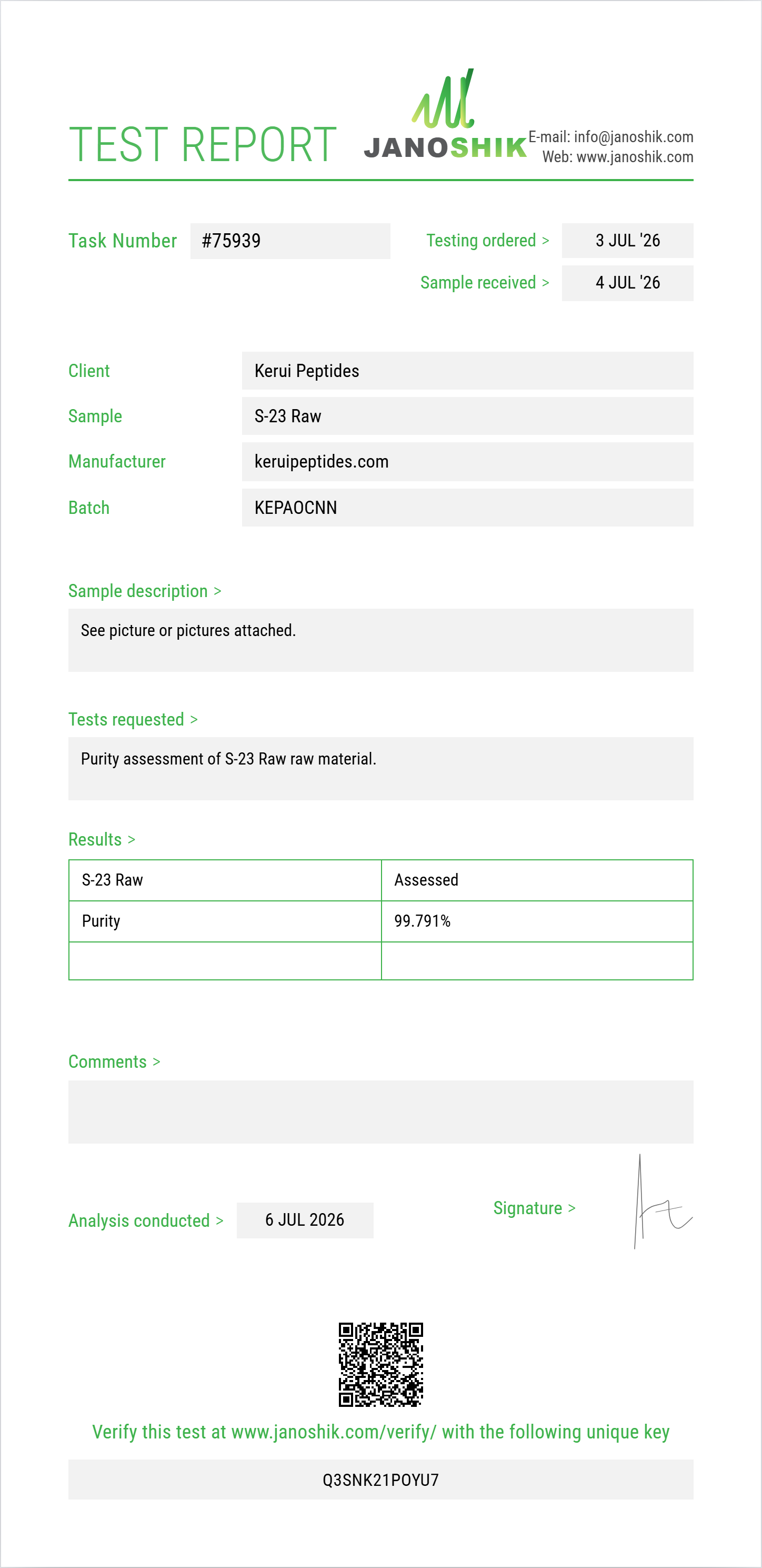 S-23 Raw Purity (HPLC) report by Janoshik Analytical