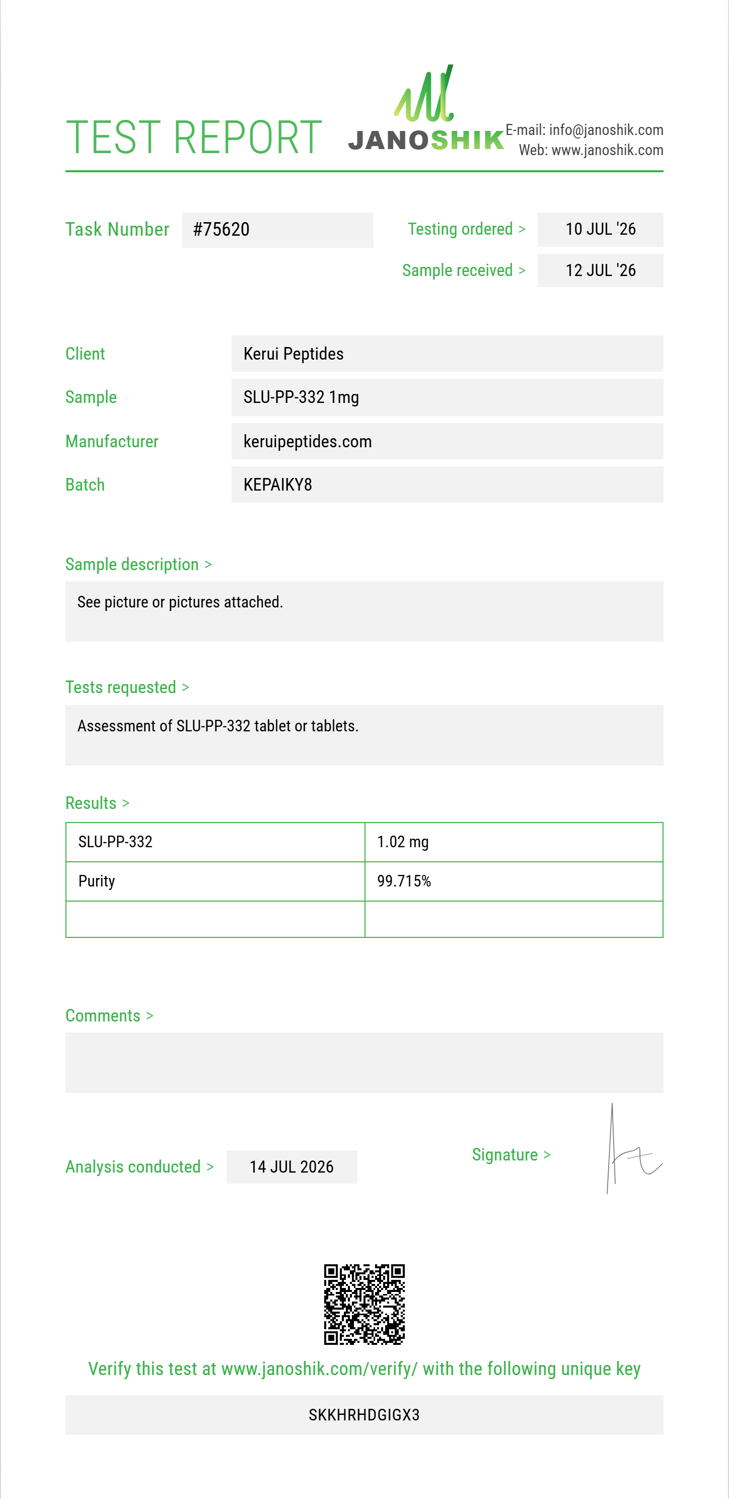 SLU-PP-332 Purity (HPLC) report by Janoshik Analytical