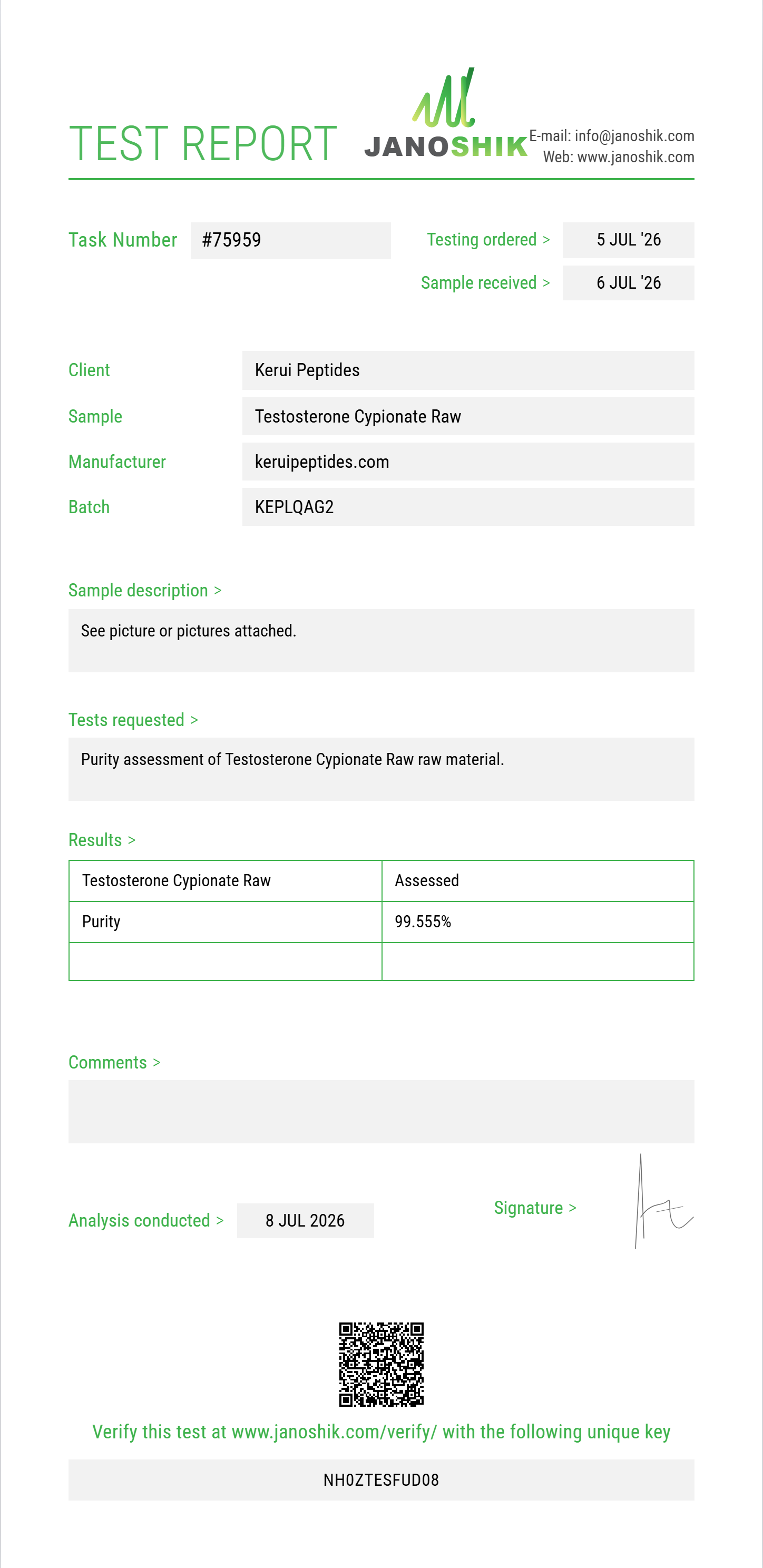 Testosterone Cypionate Raw Purity (HPLC) report by Janoshik Analytical