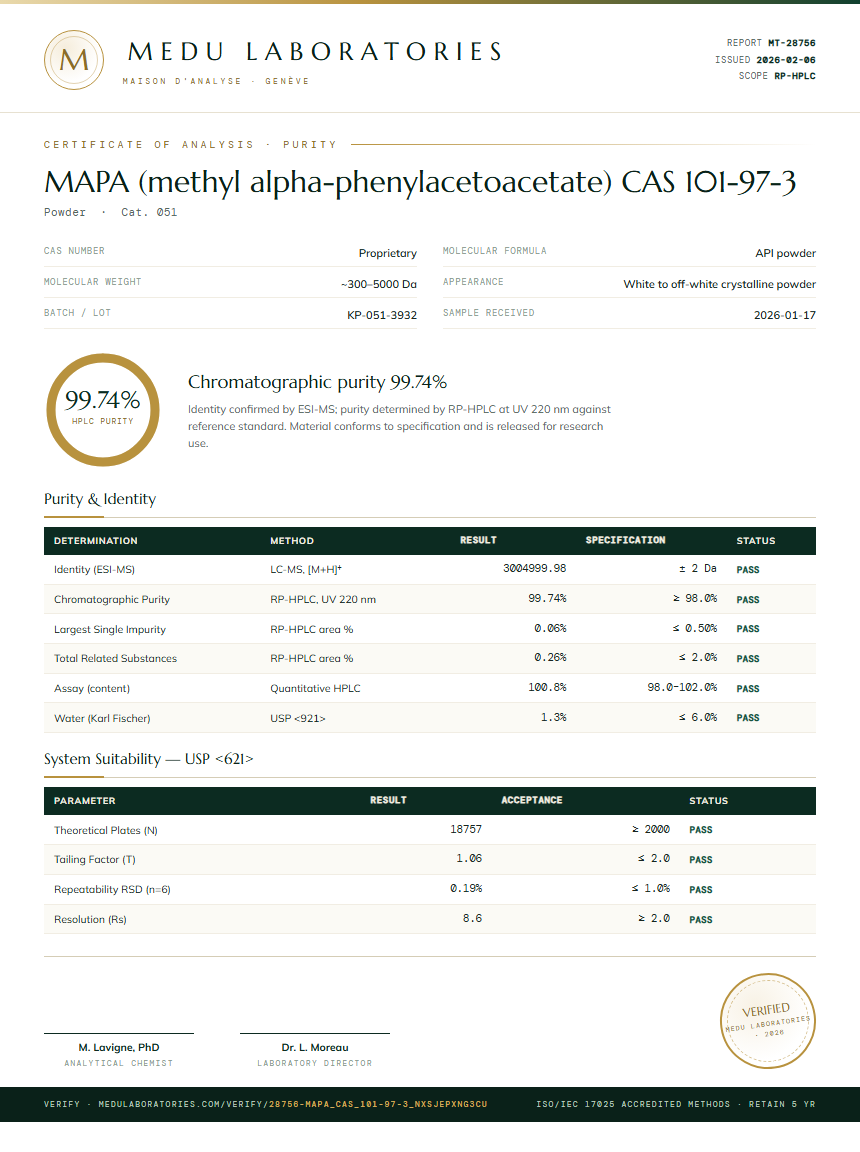 MAPA (methyl alpha-phenylacetoacetate) CAS 101-97-3 Purity (HPLC) report by Medu Laboratories