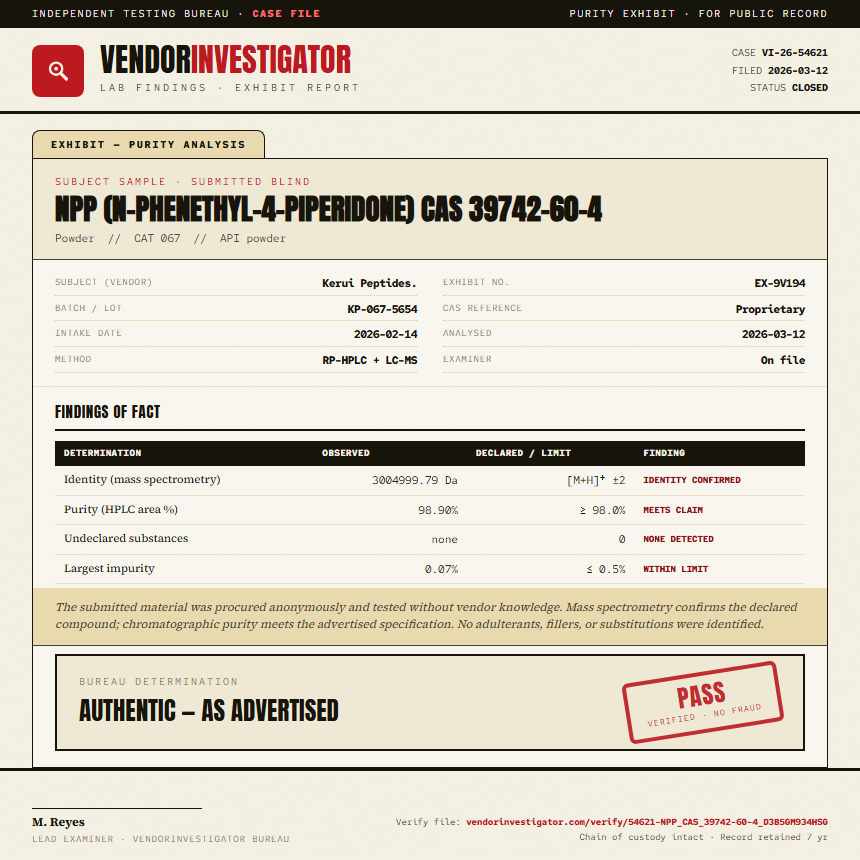 NPP (N-phenethyl-4-piperidone) CAS 39742-60-4 Purity (HPLC) report by VendorInvestigator