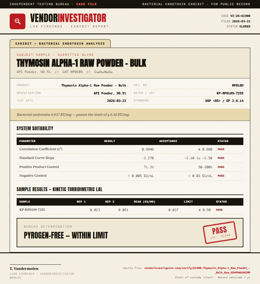 Thymosin Alpha-1 Raw Powder - Bulk Endotoxin report by VendorInvestigator