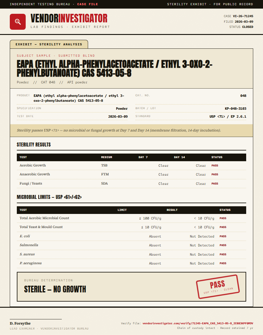 EAPA (ethyl alpha-phenylacetoacetate / ethyl 3-oxo-2-phenylbutanoate) CAS 5413-05-8 Sterility report by VendorInvestigator